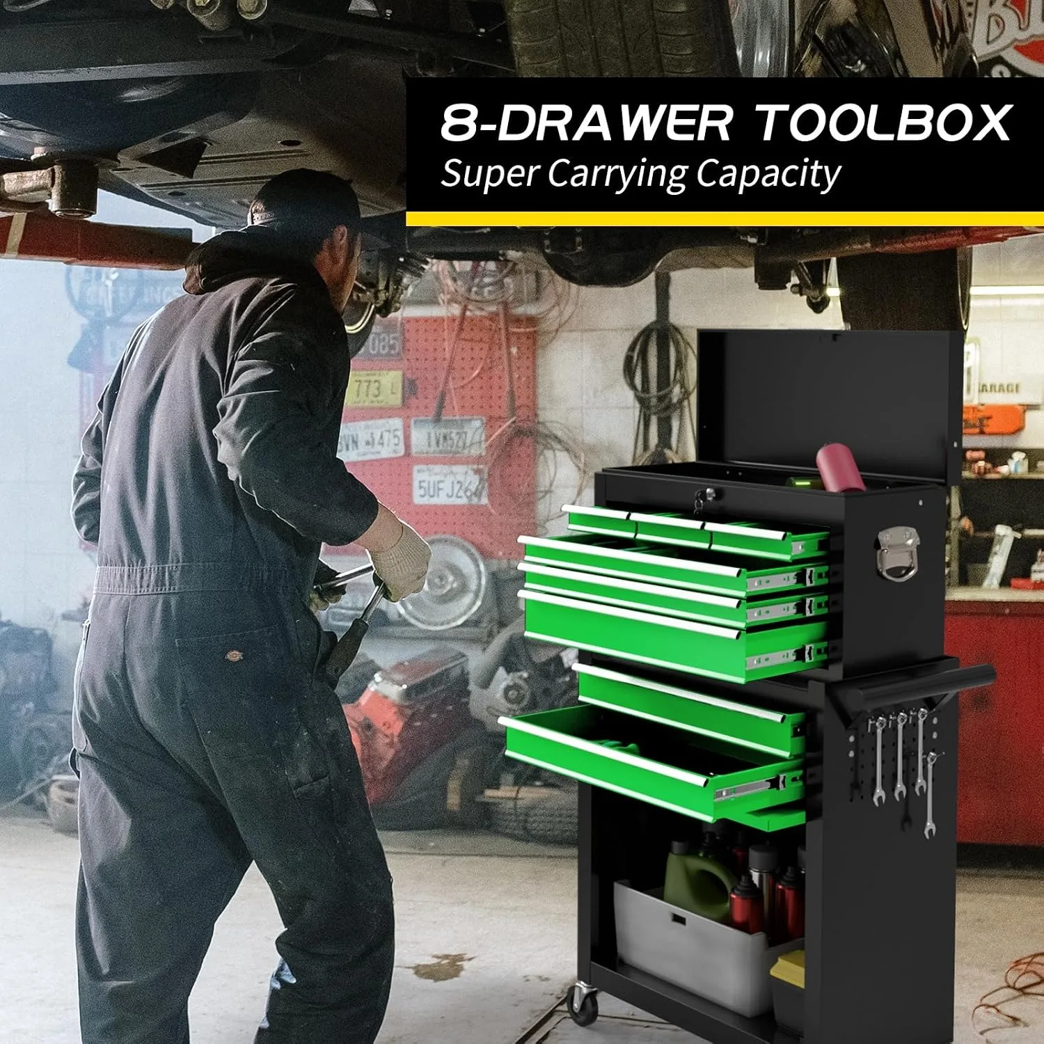 8 Drawer Rolling Tool Chest, Large Capacity Rolling Tool Box with Wheels, Locking Mechanical Tool Chest, Portable Tool Box with Sliding Drawers for Garage Workshop and Tool Room （Black Green）
