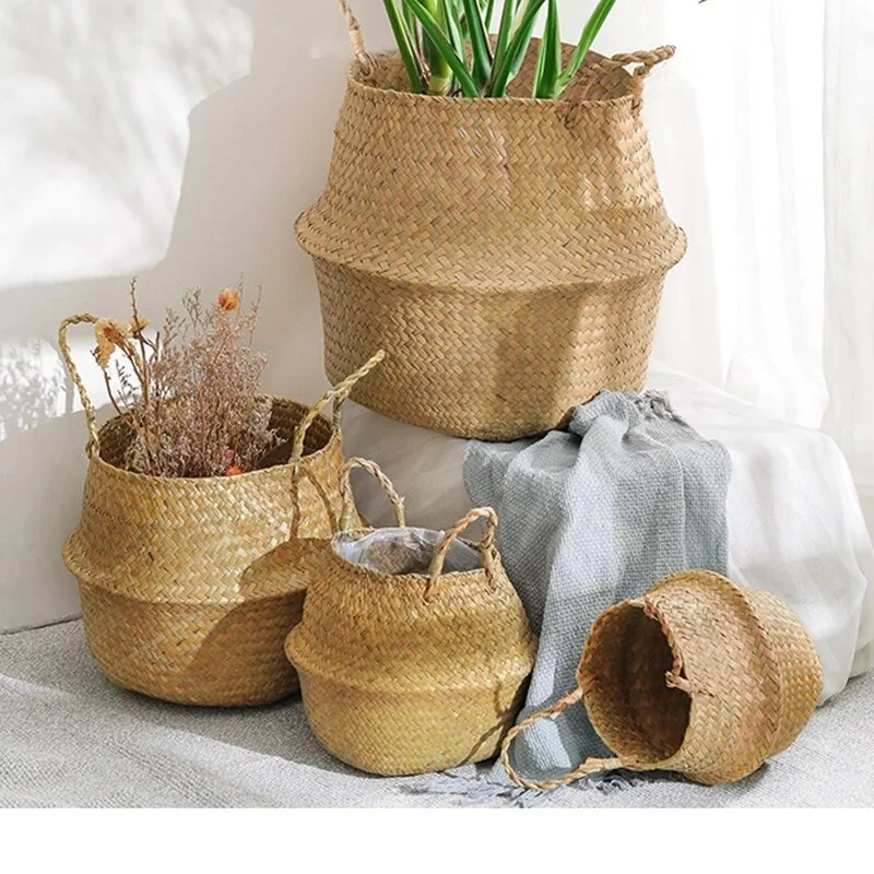 1Pc Nordic Style Seaweed Wicker Home Storage Perfect For Dirty Clothes Plants And Sundries Hanging Decor Basket