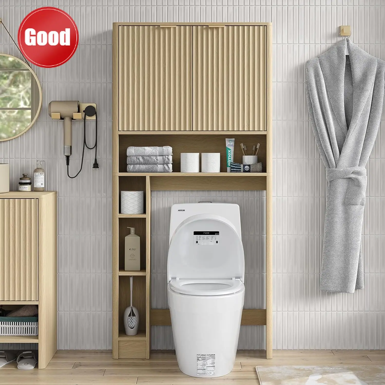 

Natural Oak 31 Inch Over Toilet Storage Cabinet Modern Shelf With Fluted Doors Paper Holder For Bathroom