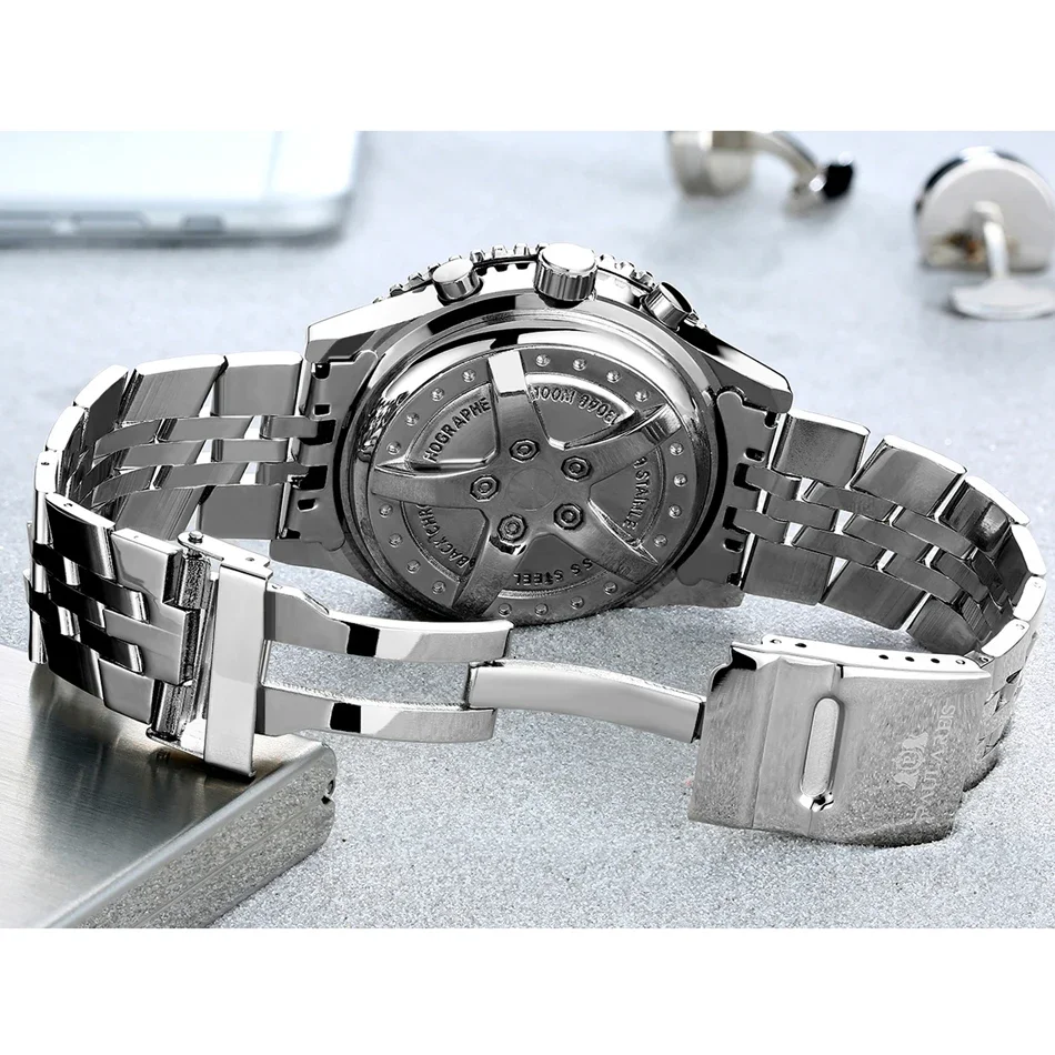 التلقائية الميكانيكية الذاتي الرياح الجلود أزياء رياضية أزرق أسود أبيض كبير 50mm أزياء الرجال ووتش