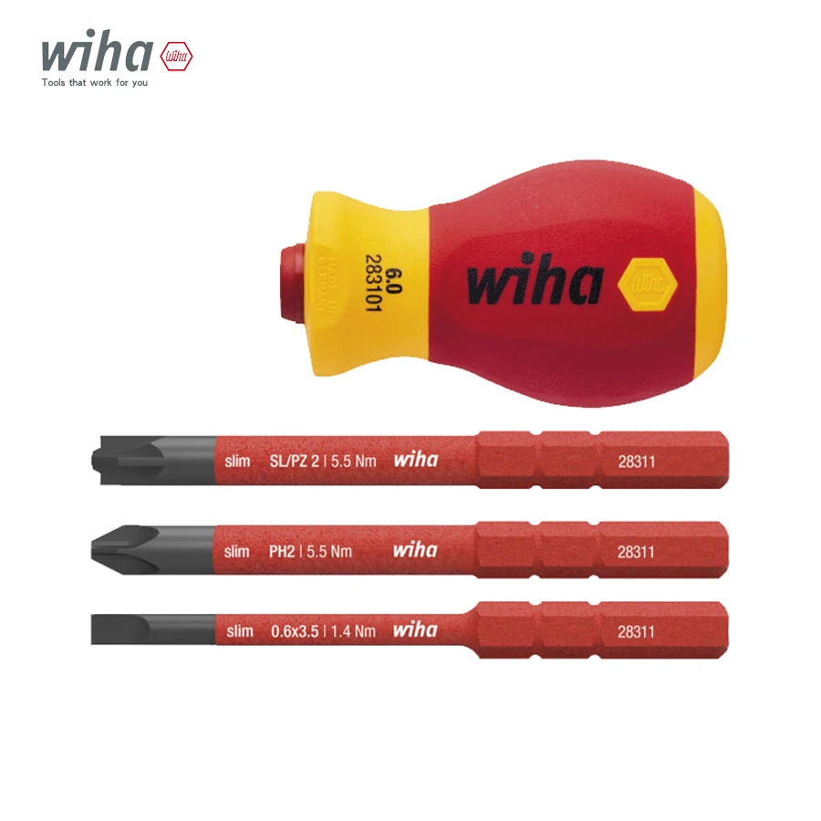 WIHA 4 Piece Insulated Screwdriver Bit Set with Interchangeable Blades Suitable for Slotted Phillips and Podzriv Screw NO.41230