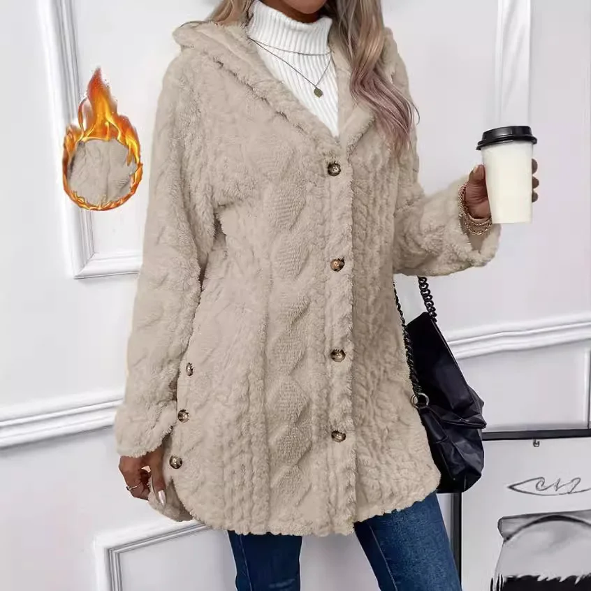 Cappotto casual a maniche lunghe con cappuccio in tinta unita stile britannico con bottoni per l'autunno e l'inverno, cardigan monopetto stile urbano
