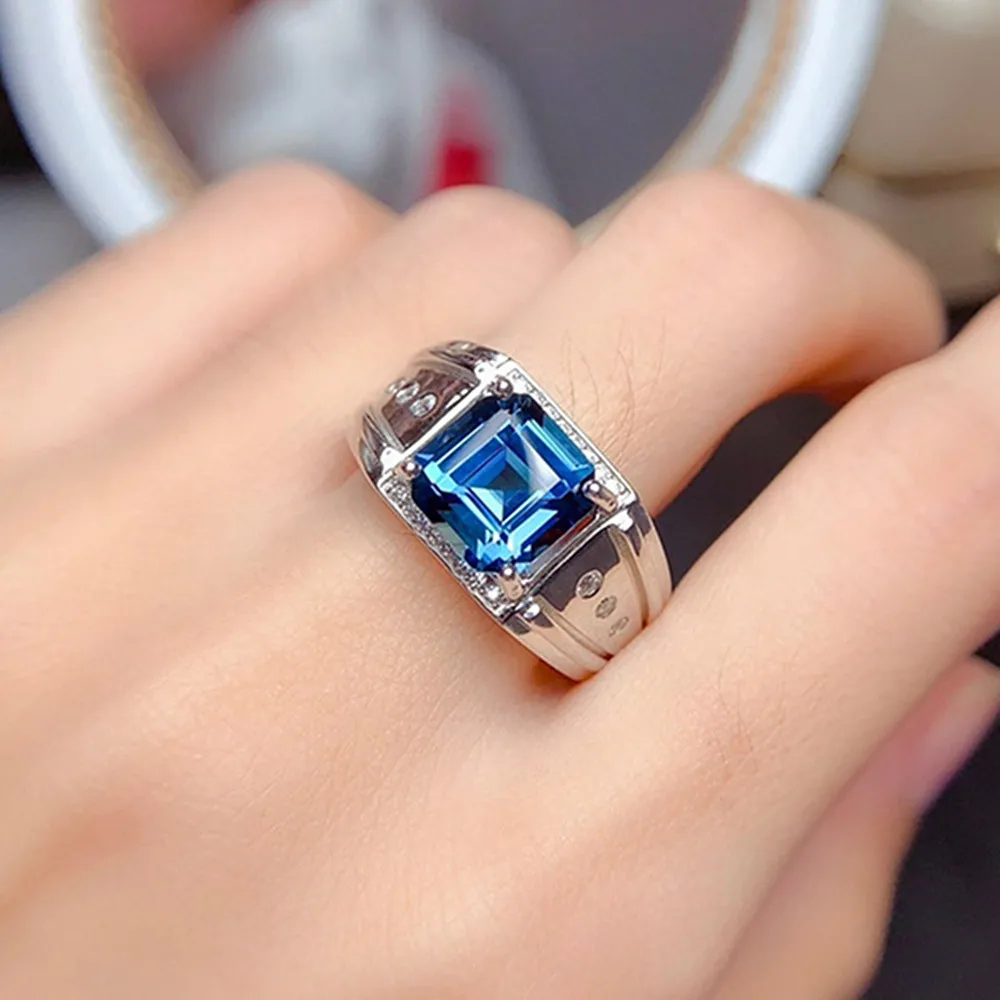 Trendy Blue Crystal Topaz Gemstones Diamonds Bague Rings for Men Women 18k White Gold Filled Silver Jewelry Bands Accessory Hot