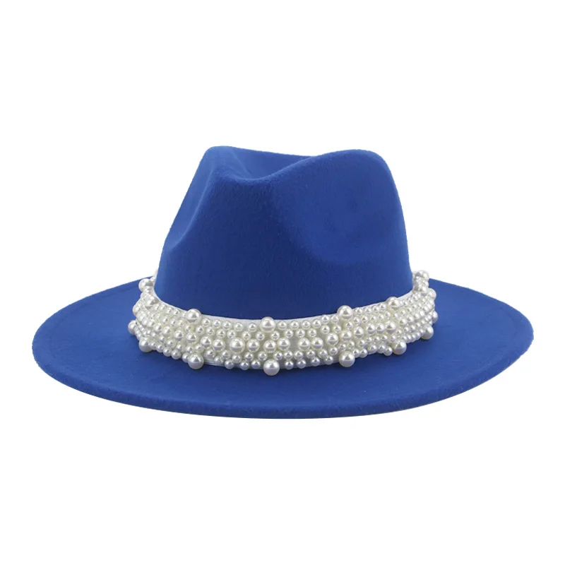 Women Hats New Fedora Wide Brim Band Belt Pearl Panama Fedora Formal Church Wedding Luxury Fedora Felted Hats Sombreros De Mujer