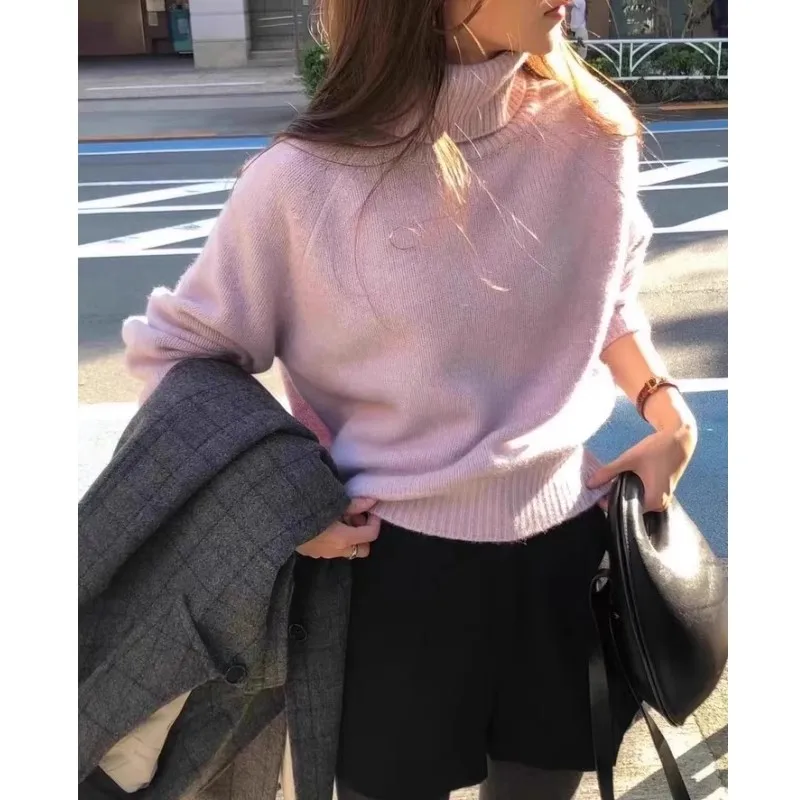 

Европейский высококачественный мягкий клейкий свитер из 100% кашемира, женский осенне-зимний пуловер с высоким воротником, шерстяной вязаный свитер, свободный