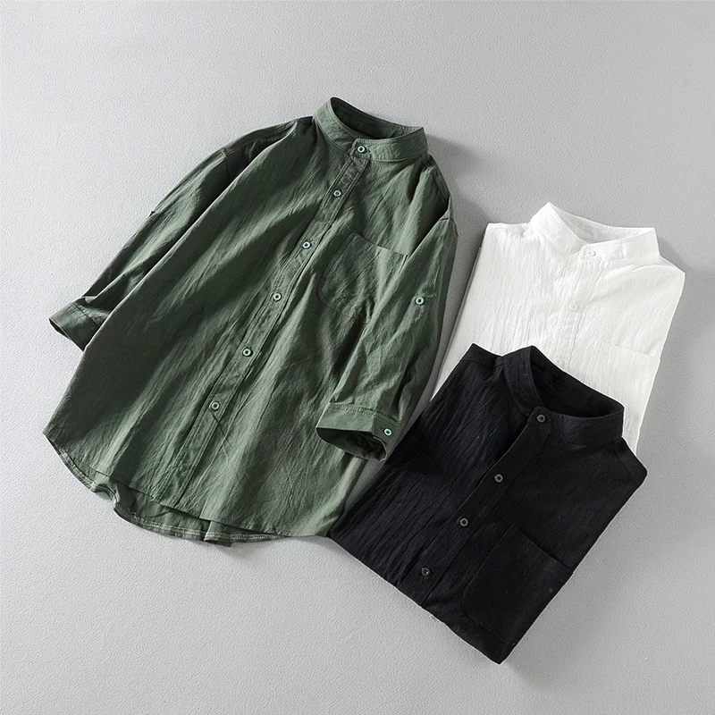 Loose Men Short Sleeve Summer Style Cotton Linen Stand Collar Five-Point Clothing Suitable Adults
