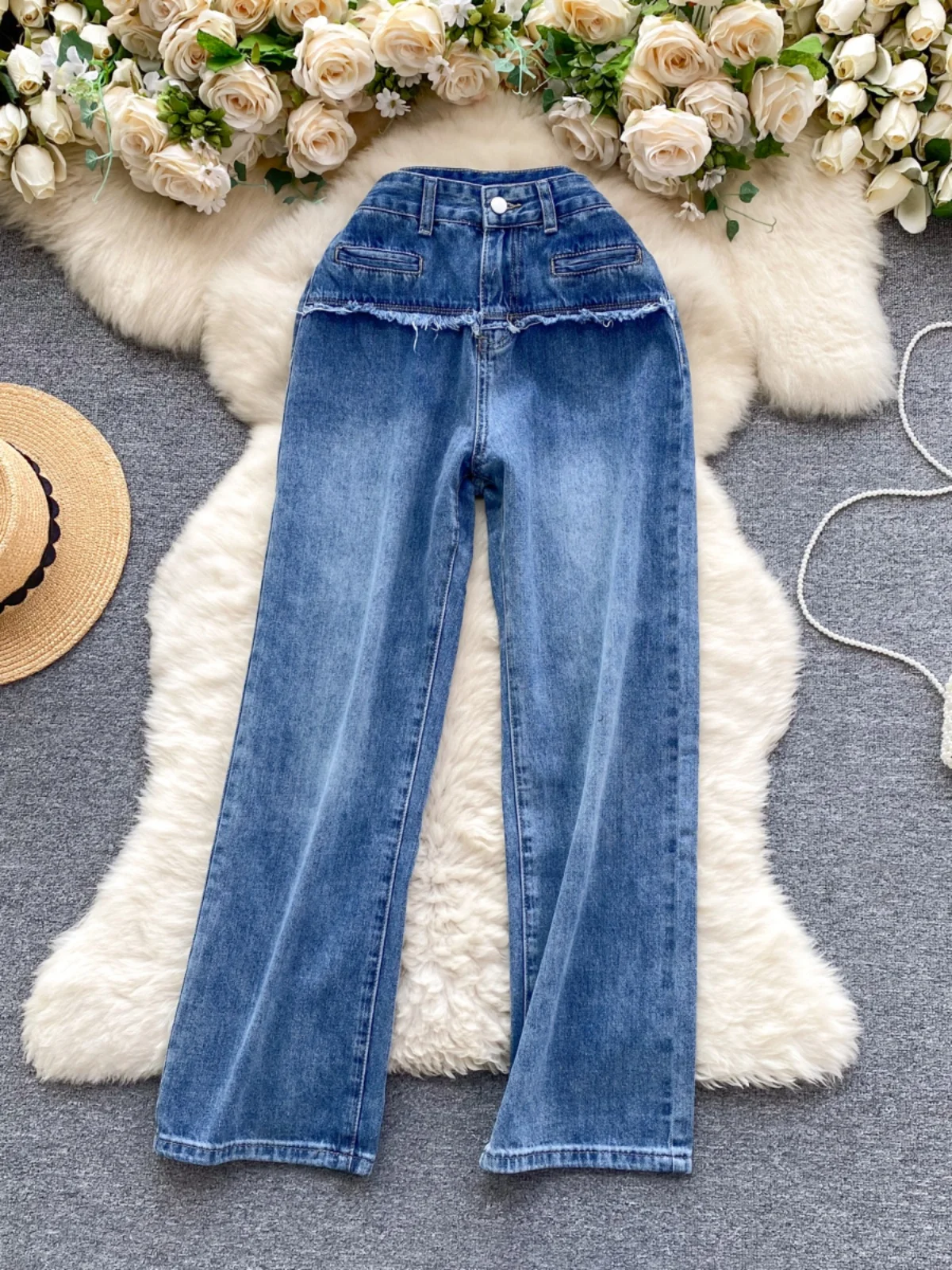 Spring Vintage Women Denim Pants Fashion Design High Waist Raw Edge Wide Leg Pant All-matched Female Jeans Streetwear