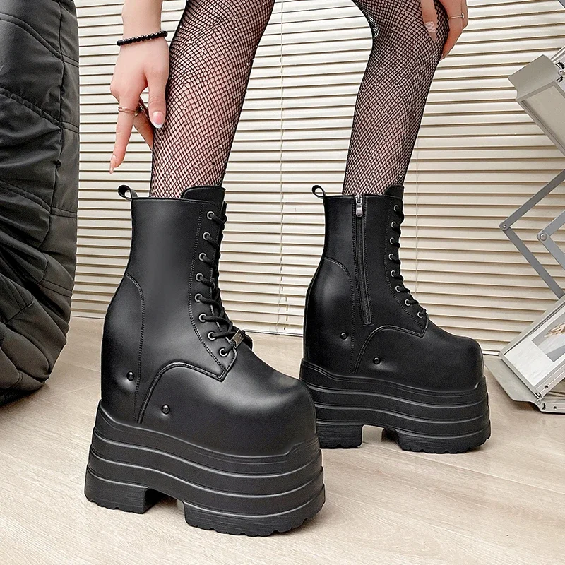 

Height Increasing Women's High Boots Black Leather Thick Bottom Platform Shoes Side Zip Gothic Punk Short Boots Street Style