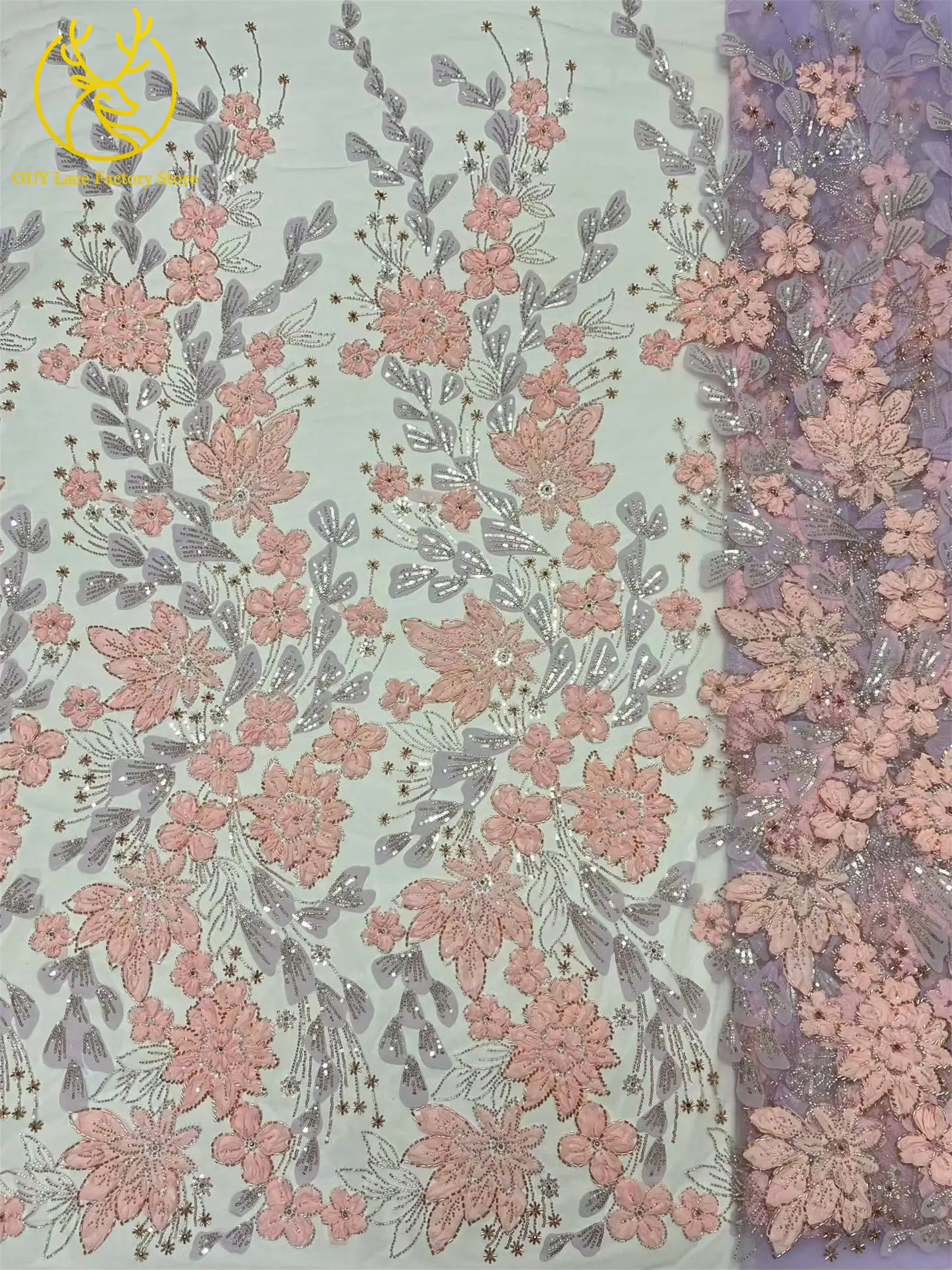 Exquisiter französischer Spitzenstoff mit Blumenstickerei und Pailletten, afrikanischer Perlen-Spitzenstoff für nigerianische Party- und Hochzeitskleider zum Nähen. – Detail 9