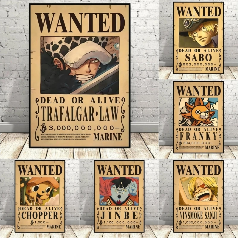 

ONE PIECE Anime Cartoon Characters LAW SABO SANJI CHOPPER FRANKY Wanted Poster Manga Canvas Oil Painting Vintage Wall Art