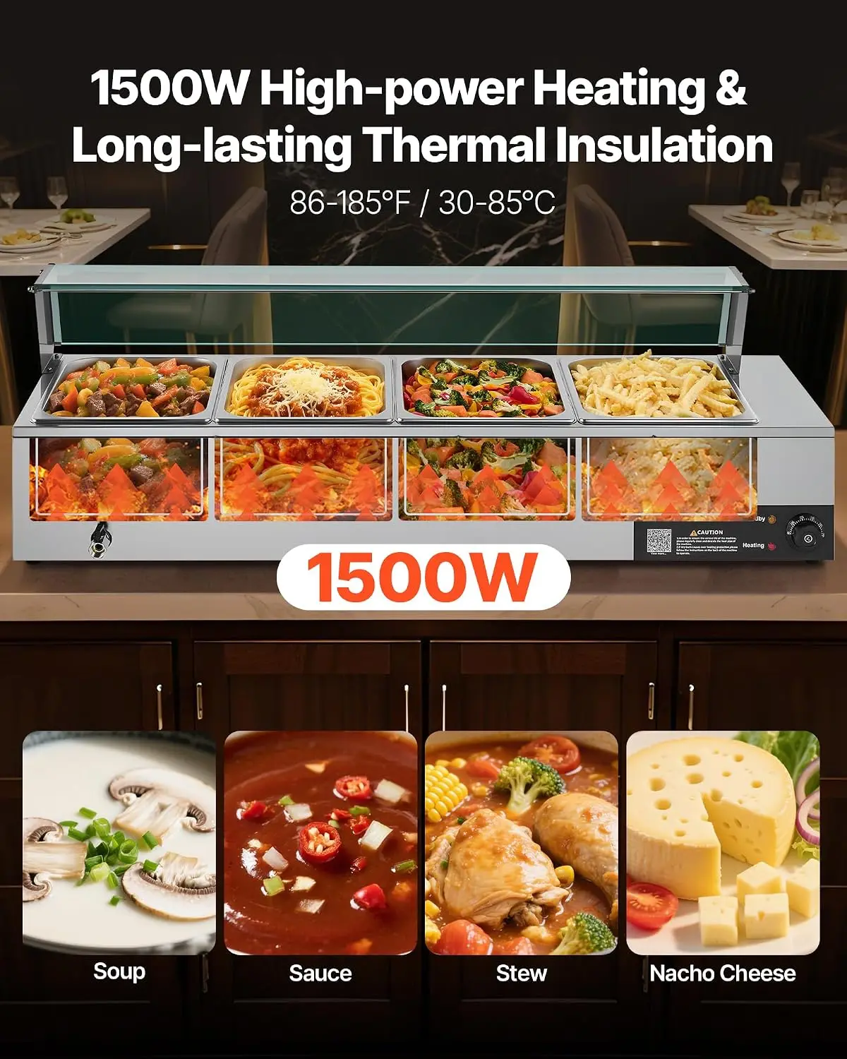 Commercial Food Warmer, 1500W Electric Stainless Steel Steam Food Warmer with Glass Cover, 4-Pan Countertop Buffet Bain Marie wi