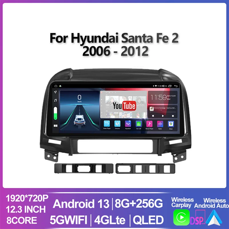 12.3 inch Car Radio For Hyundai Santa Fe 2 2006 2007 2008 - 2012 Android 13 Auto Multimedia Player GPS Navigation Video Player