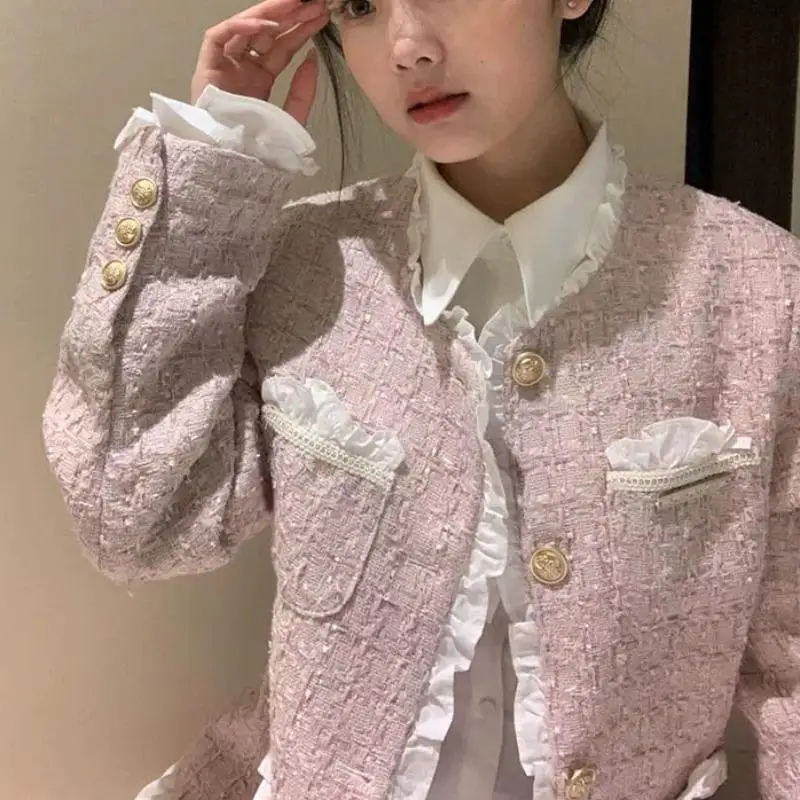 

Pink Fragrant Coat Spring Autumn 2023 Celebrity Style New Lace Splice Short Jacket