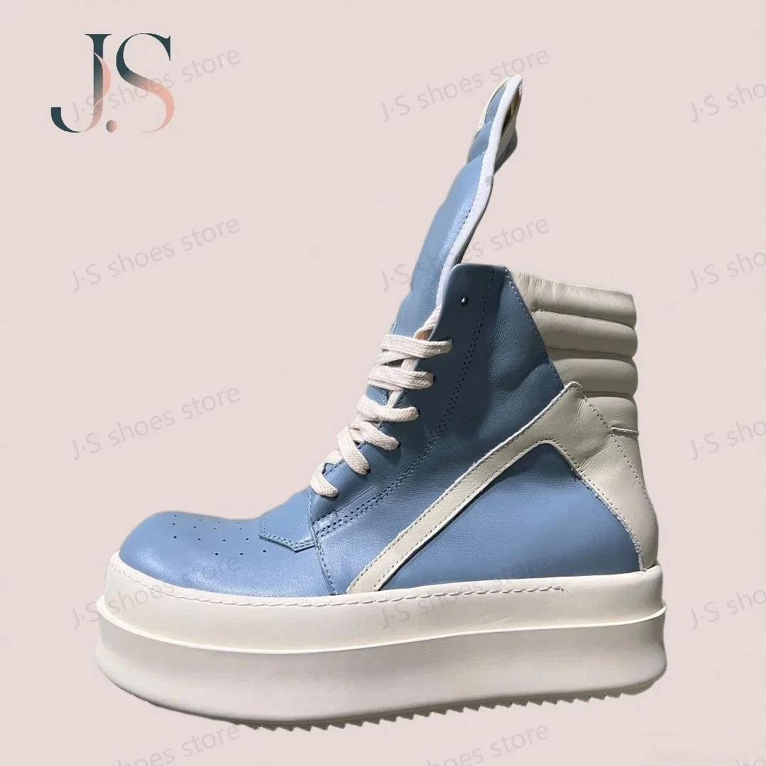 

R-o Designer Boots Men Sneaker Light Blue Leather Ankle Boot Lace Up Zipper Platform 6cm Thick Sole Women High Top Casual Shoe