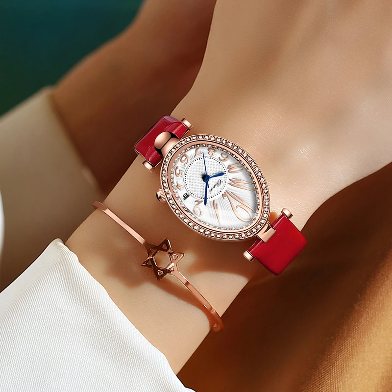 Fashion Chenxi Top Brand New 2022 Women\'s Watch Luxury Rose Gold Ladies Gift Rhinestone Leather Quartz For Women Oval Clock