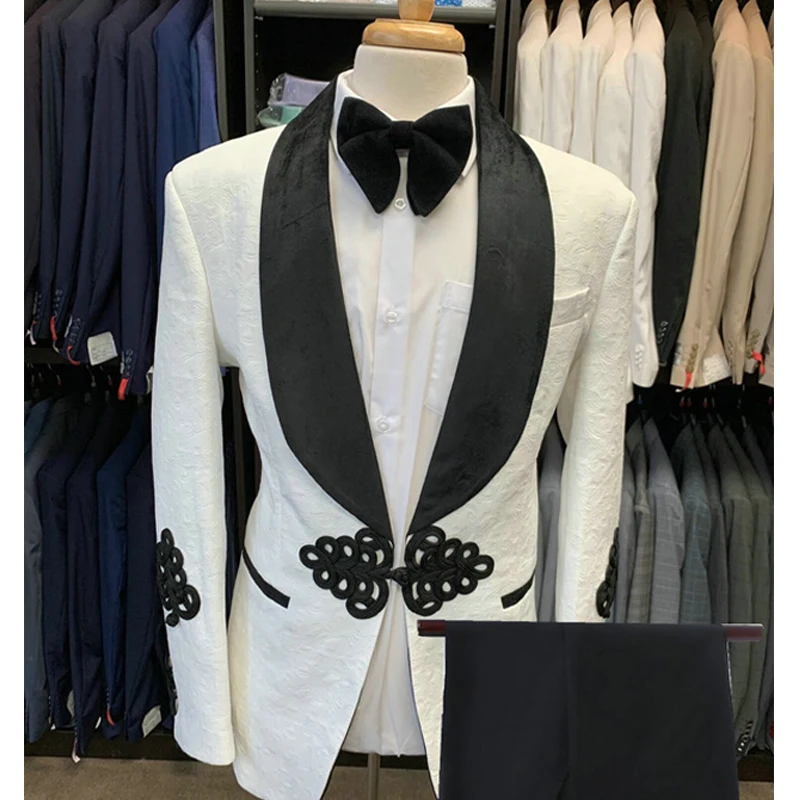 Blanc Jacquard marié Tuxedos velours noir châle revers hommes costumes pour mariage meilleur homme Blazer avec pantalon 2022 Costume de mode