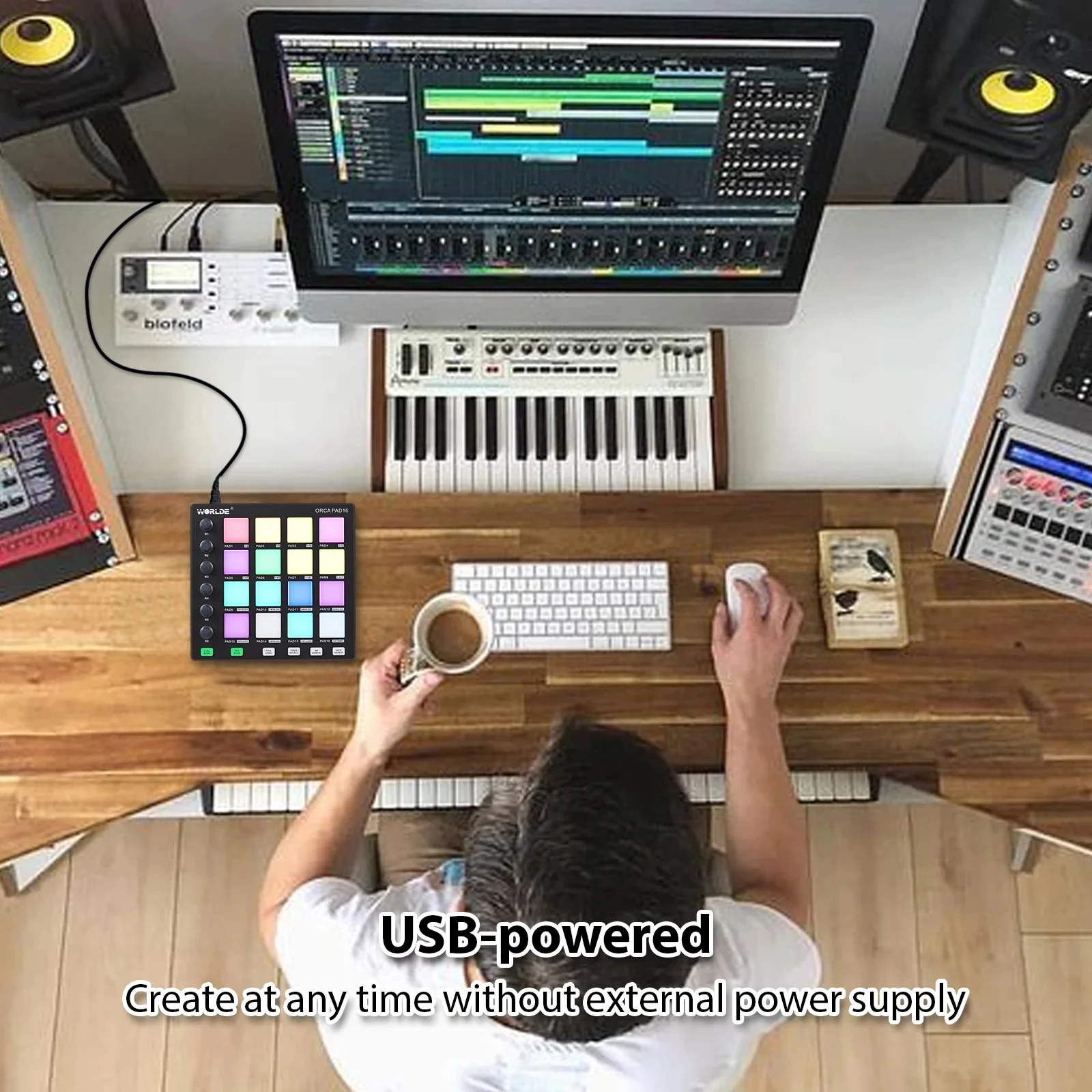 WORLDE ORCA PAD16 + لوحة مفاتيح MIDI ذات 16 مفتاحًا |   حزمة Mini II Pro Studio |   وحدة تحكم USB-C DAW لاستوديو Ableton/FL