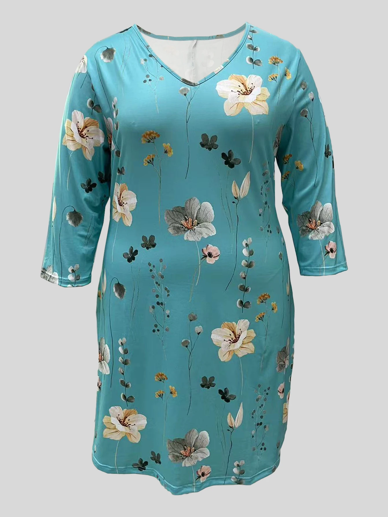 فستان نسائي مقاس كبير مطبوع عليه زهور مناسب لقضاء العطلات والسفر والترفيه ورقبة على شكل حرف V وأكمام 6