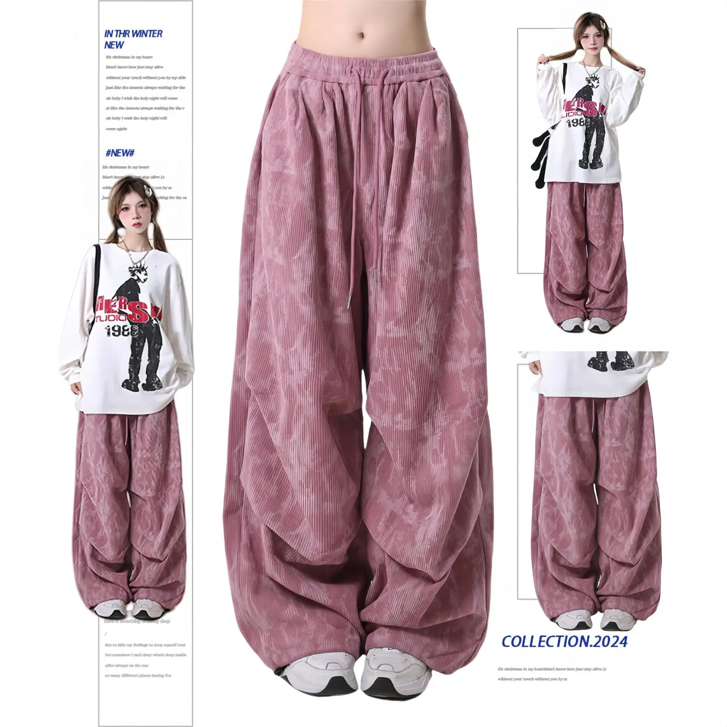 

Vintage Wide-legged Pants Women Tie-dye Hip Hop Streetwear Corduroy Baggy Trouser Y2k Clothes High Waist Straight Pants Gothic