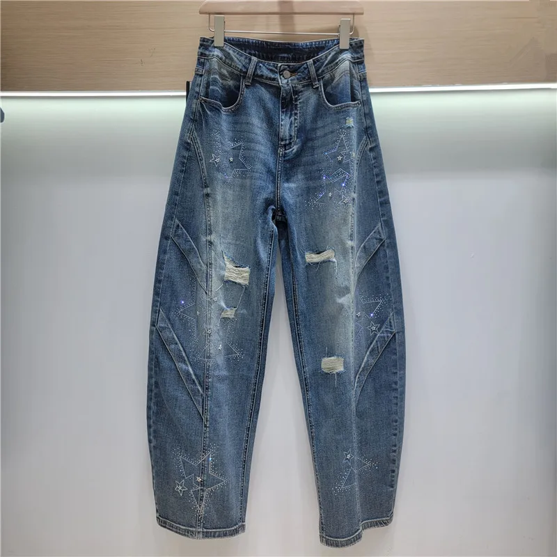 WTHT New 2026 Summer Women Star Rhinestone Hole Frayed Hole Straight Jeans Fashion High-waist Loose Denim Pants Female 1LS3080