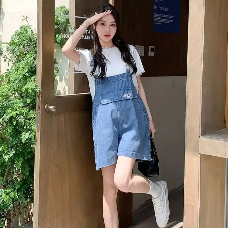 Jumpsuit Denim telinga kelinci gadis imut cantik kaki lebar pinggang tinggi longgar Korea Jepang jalan tinggi lompat Solid setelan wanita