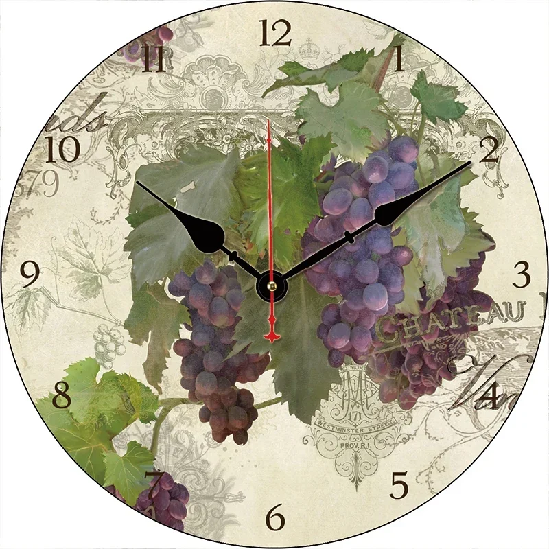 Vintage Fruit Grapes Kitchen Round Wall Clock Large Dinning Restaurant Cafe Decor Wall Clock Silent Non-Ticking Nice For Gift