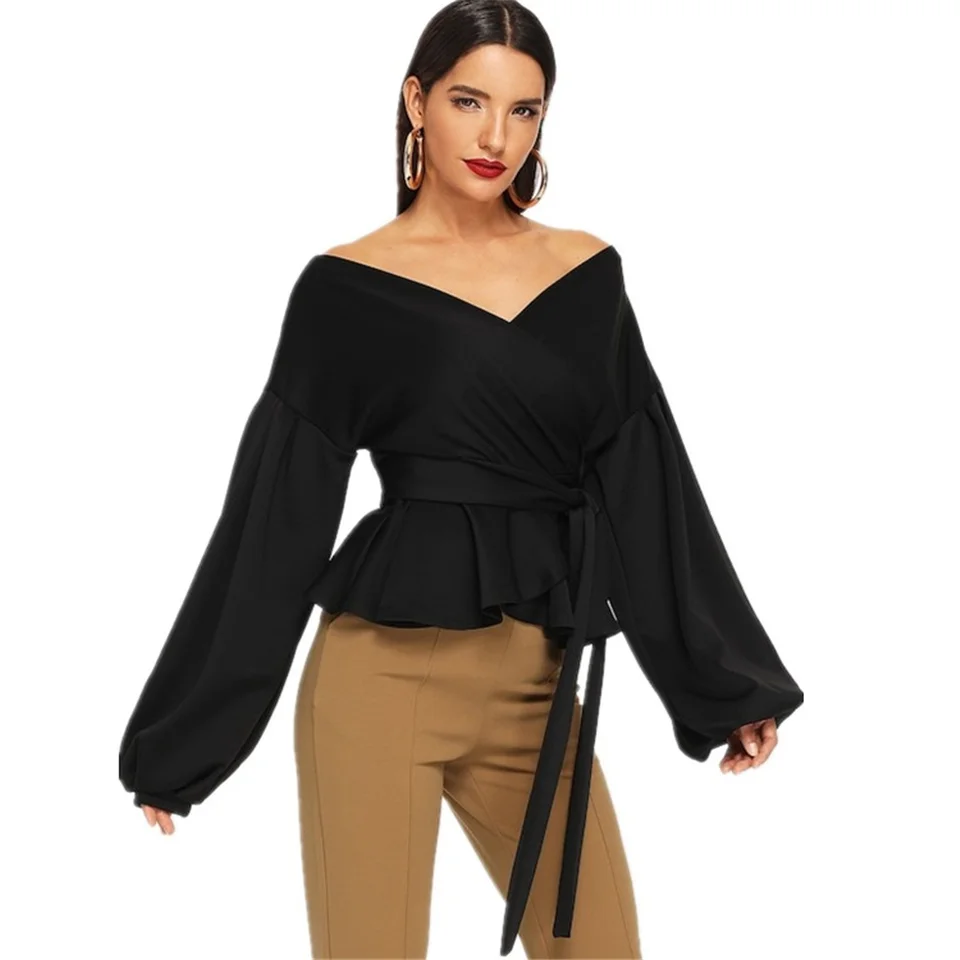 

Casual Long Sve Pure Color irt Women Street Sle Loose Fit One oulder Lantern Sve irt Summer Faion Ladies Top