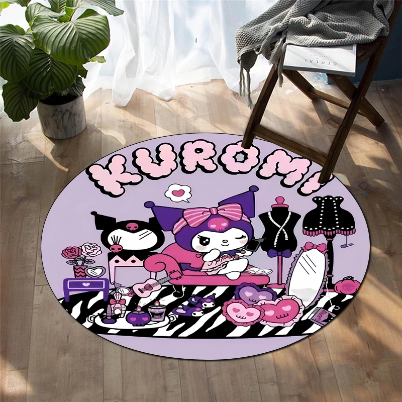 Kuromi Round Carpet for Living Room Rugs Camping Picnic Mats Flannel Anti-Slip Rug Yoga Mat Gifts