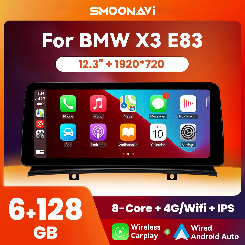 12.3 Inch Android 12 6GB 128GB Wireless Carplay Car Multimedia Player For BMW X3 E83 2005-2008 1920*720P IPS GPS Navigation Wifi