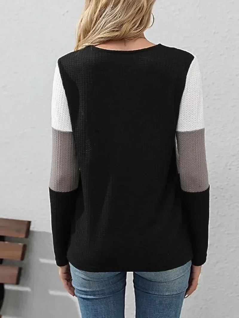 Plus Size 1XL-5XL delle nuove donne di estate primavera e autunno Casual Waffle T-shirt casual Top da donna colorato a maniche lunghe con scollo a V Top
