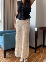Women Lace Spliced Silk Satin Skirt Spring Summer Elegant Elastic Waist Lady Floral Print Trumpet Midi Jupe