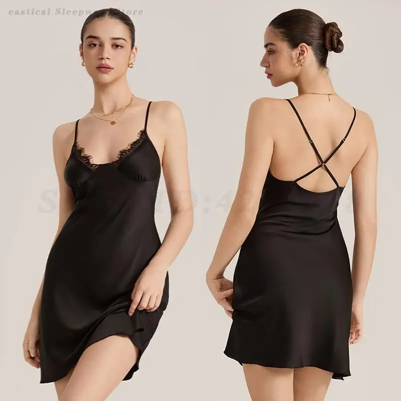 

Sexy Backless Spaghetti Strap Nightdress Women Lace Lingerie Home Dress Female Short Nightgown Sleepwear Satin Loungewear Nighty