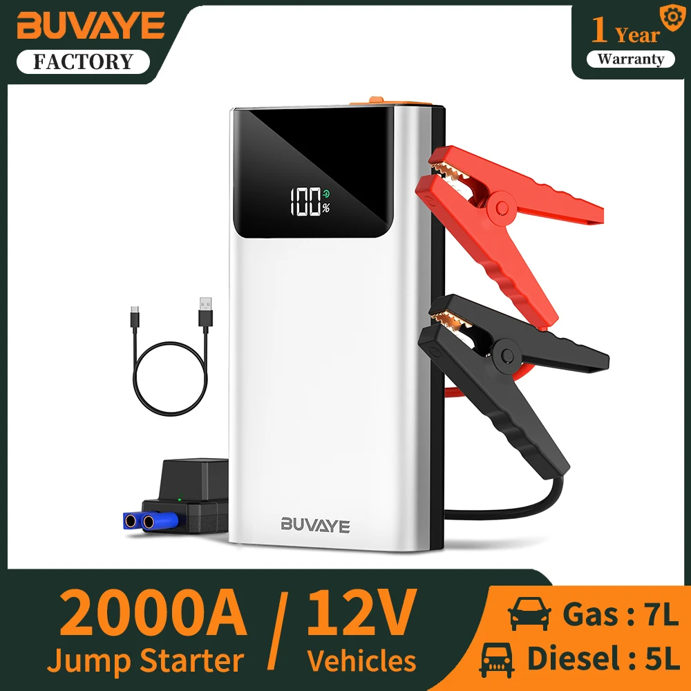 BUVAYE Car Jump Starter with Power Bank Portable 2000A Battery Booster 12V Vehicle Starter Jump Box with Flashlight SOS Light