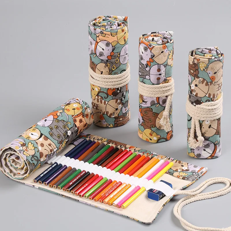 12/24/36/48/72/108 Gaten Schattige Katten Canvas Roll Pen Gordijnetui Kleur Potlood Tas Make-Up Wrap Opslag Schoolbenodigdheden