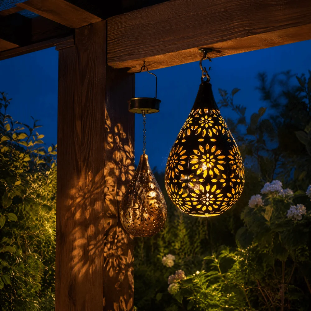 Hollow Iron Solar Hanging Lanterns Copper Color Moroccan Style Garden Solar Lamp Easy Installation Rechargeable