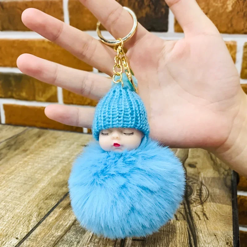 Cartoon Plush Doll Chaveiro, Hairball Pendant, Cute Sleeping Baby Bag, Bens europeus Chaveiros, Decoração, 4 pcs