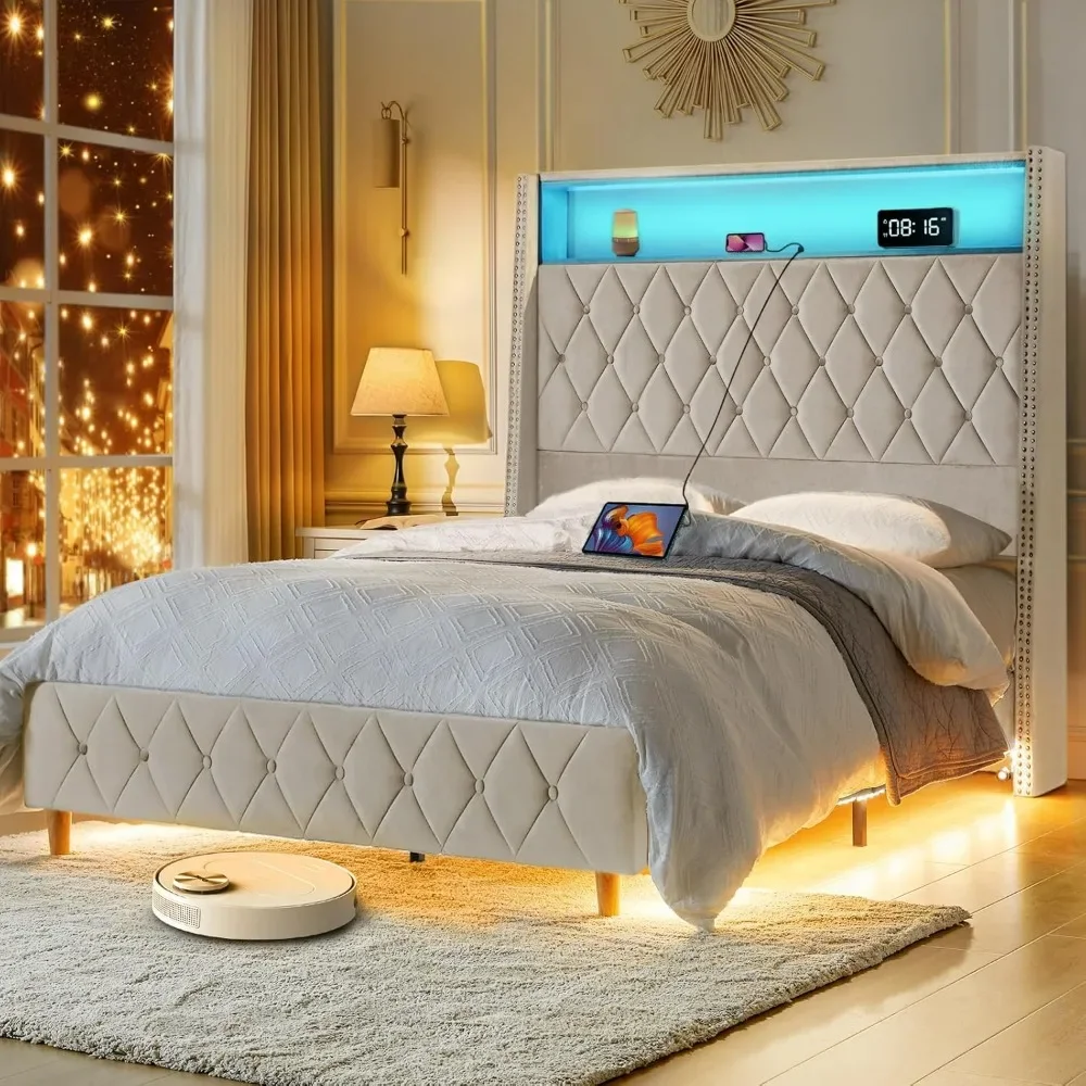 LED Bed Frame, with Charging Station andTall Storage Headboard, Motion Sensing Night Light No Box Spring Needed, Velvet Bed