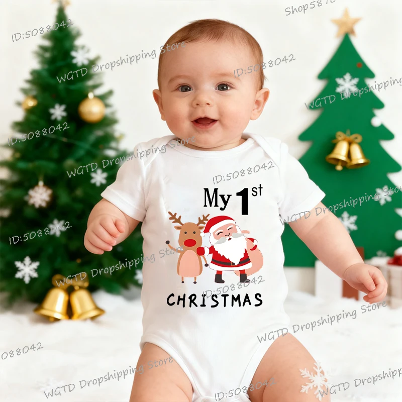 

"My 1st Christmas" Cartoon Santa Claus Print Baby Romper Merry Christmas Clothes Newborn Short Sleeve Bodysuit Toddler Jumpsuit