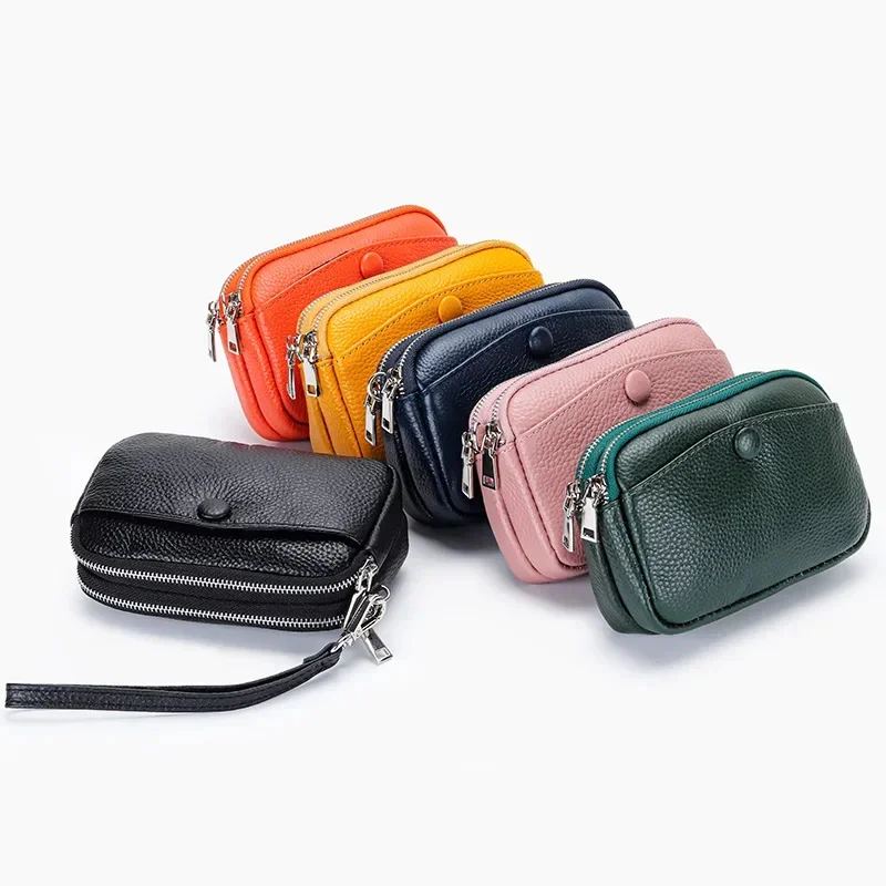 

Women Clutches Coin Purse Cow Leather Card Pocket Keyring Change Pouch Double Zipper Clutch Money Bag Female Car Key Zero Wallet