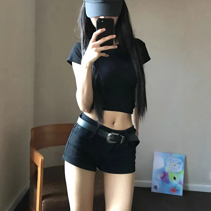 Sexy Low Waist Black Denim Shorts Women Harajuku Streetwear Pockets Tights Shorts Woman American Spice Girl Elastic Short Jeans