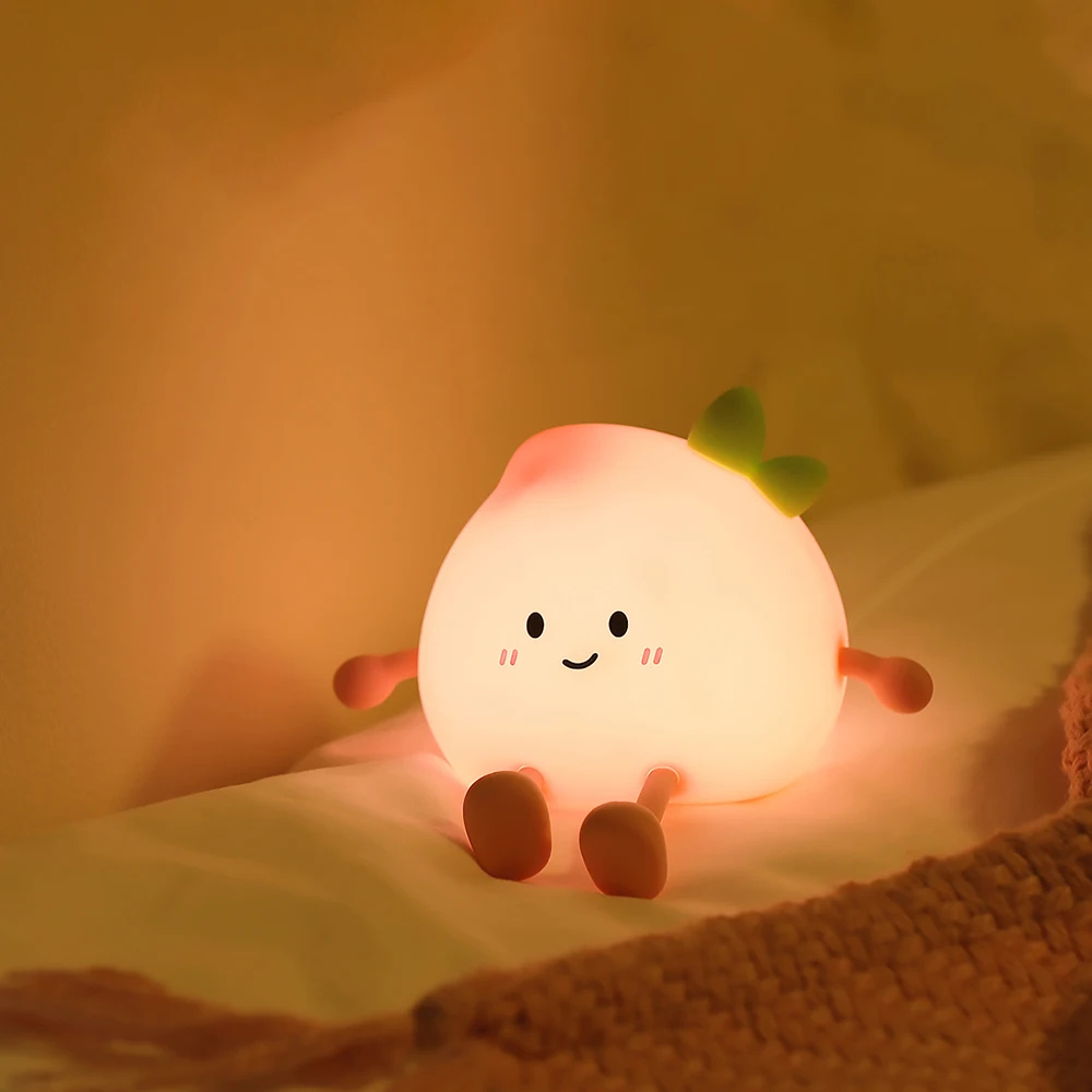 Cute Silicone Peach Night Light Rechargeable LED Nursery Nightlight 7 Colors Tap Control Bedside Lamp for Bedroom Christmas Gift