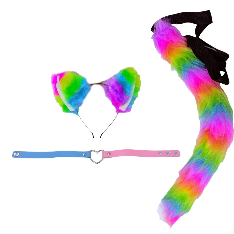 652f Animal Cosplay Costume Faux Furs Wolf Cats Foxes Fuzzy Tail Cats Bandau auditif Choker Halloween Party Costume Accessoire