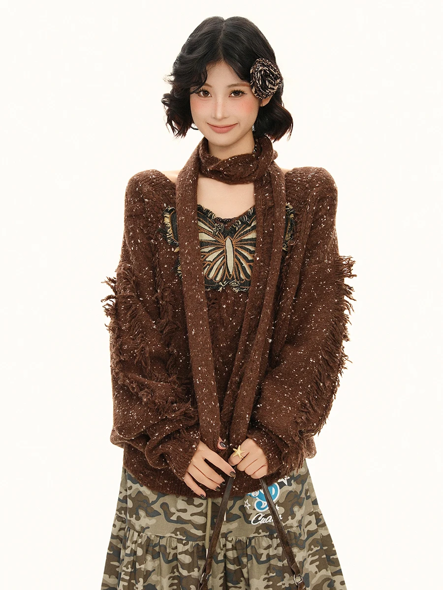 2025 خريف شتاء جديد الأمريكية الرجعية فراشة التصحيح التطريز سترة برقبة على شكل v المرأة فضفاضة عادية البني محبوك سترة #2