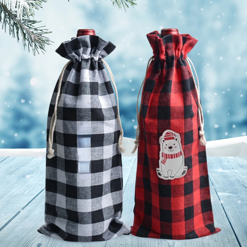 15x35cm 50pcs Drawstring Mouth Christmas Plaid Wine Bottle Gift Packaging Bag Reusable Holiday Party Wedding Supplies Gift Bag