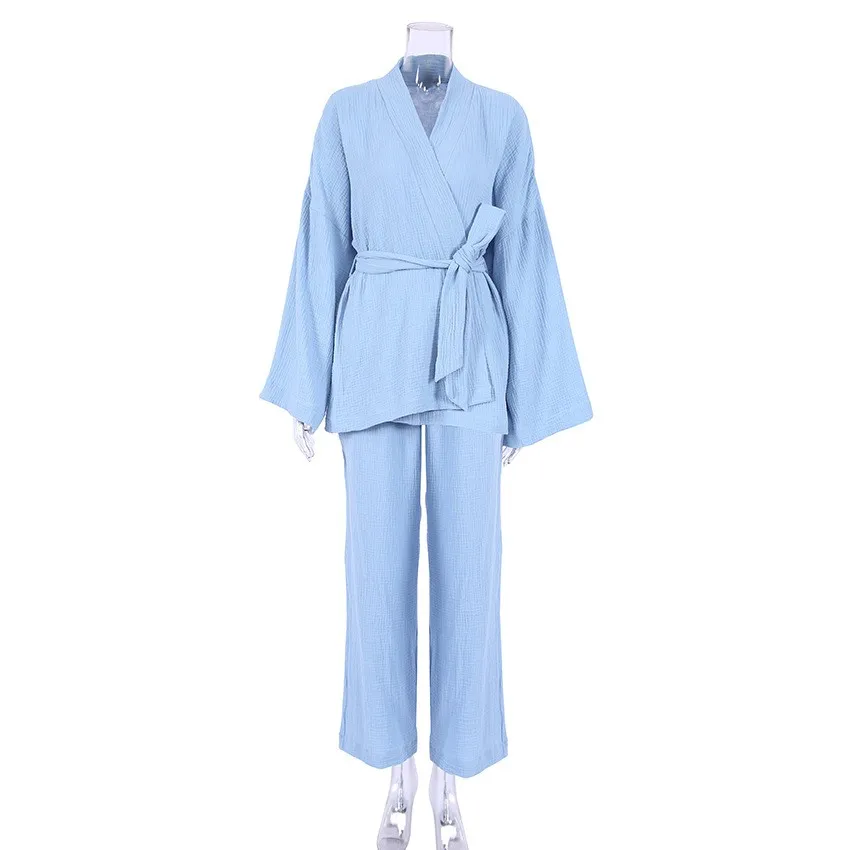 Women's Cotton Pajama Wrap Neck Top with Wide Leg Pants Sleepwear Set Light Blue Mocha Brown Dusty Pink Two Piece Loungewear