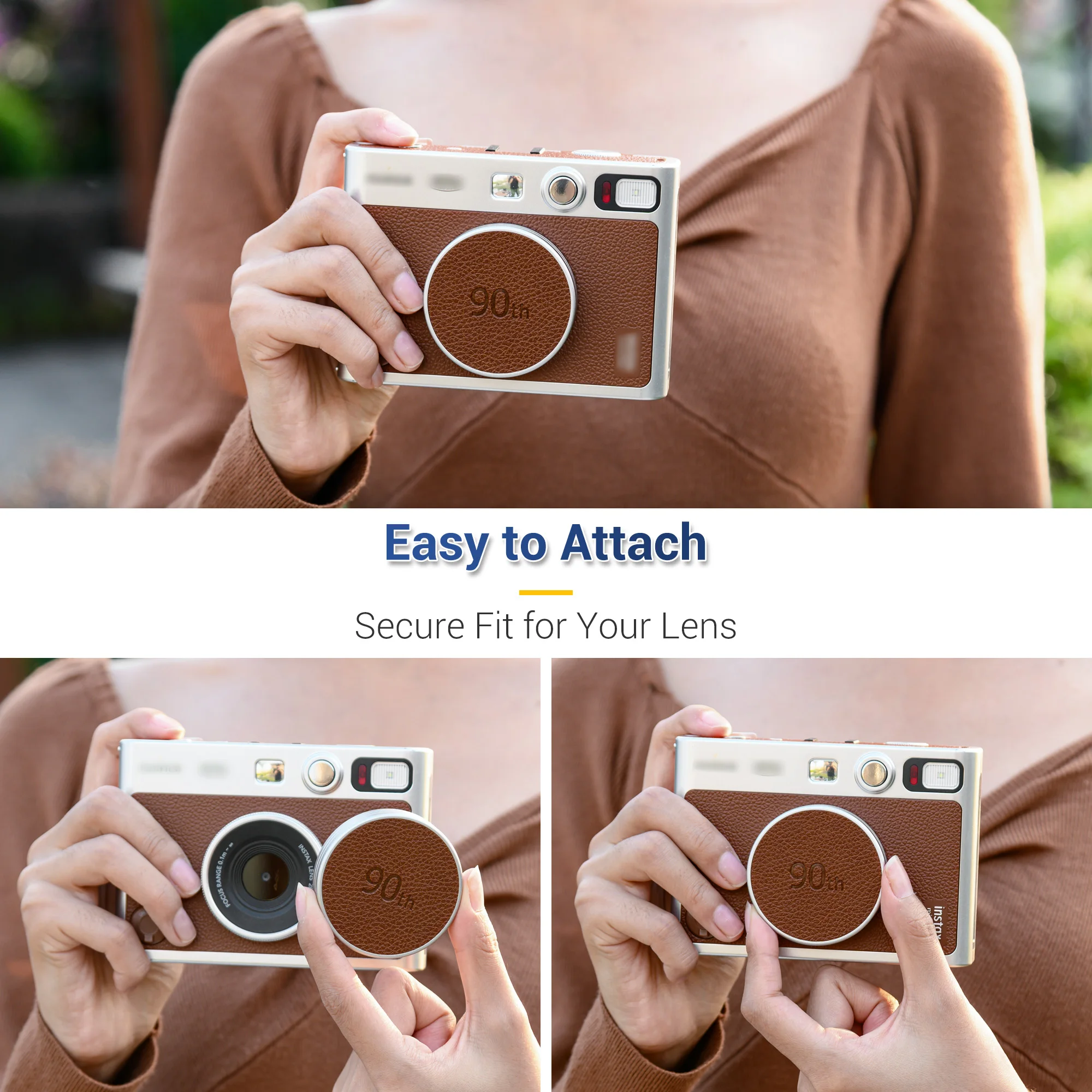 JJC غطاء عدسة جلدي ريترو لـ Instax Mini EVO سبائك الألومنيوم فوجي غطاء عدسة الكاميرا الفورية غطاء حماية ضد الغبار بني