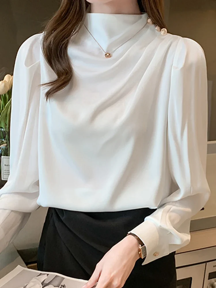 Blusa blanca De manga larga para Mujer, Camisa De gasa con cuello levantado, camisas De Moda, F207, 2024