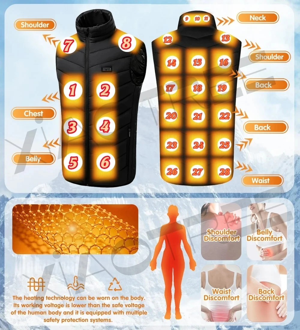 28/9 مناطق ساخنة سترة الرجال سترة ساخنة الشتاء المرأة الكهربائية Usb سخان التخييم سترة رجل الحرارية سترة الجسم دفئا معطف 6XL