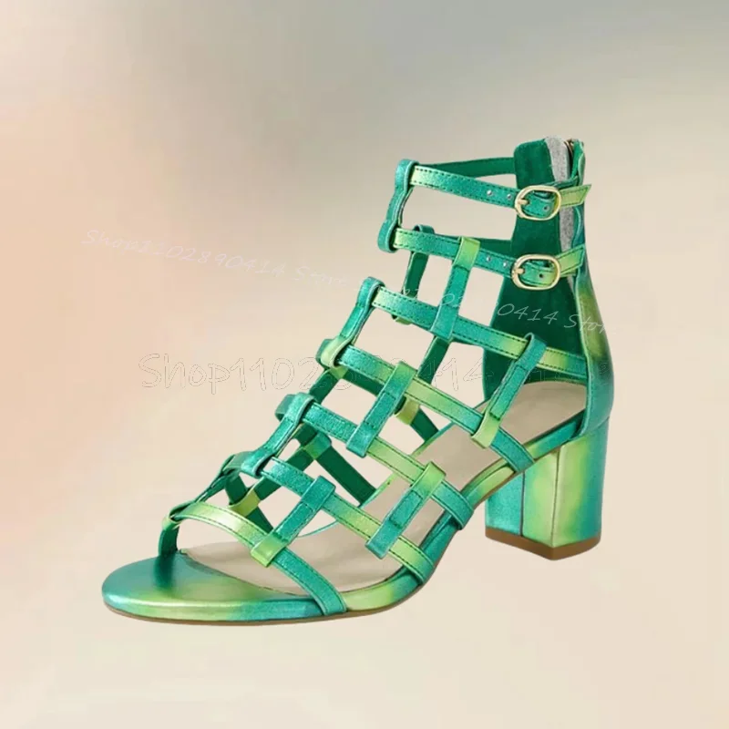 

Green Hollow Design Buckle Decor Open Toe Sandals Back Zipper Women Shoes Chunky High Heels New Fashion 2025 Zapatos Para Mujere