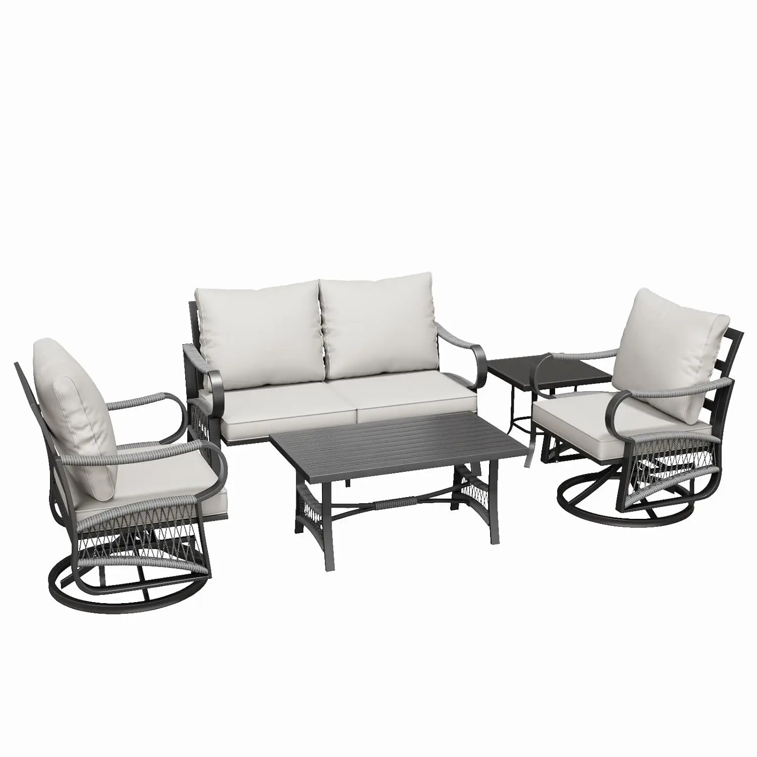 *u-5 Piece Patio Furniture Set, Outdoor All Weather Conversation Sofa Set With 2 Swivel Chairs, Rope Braided Design, Customized